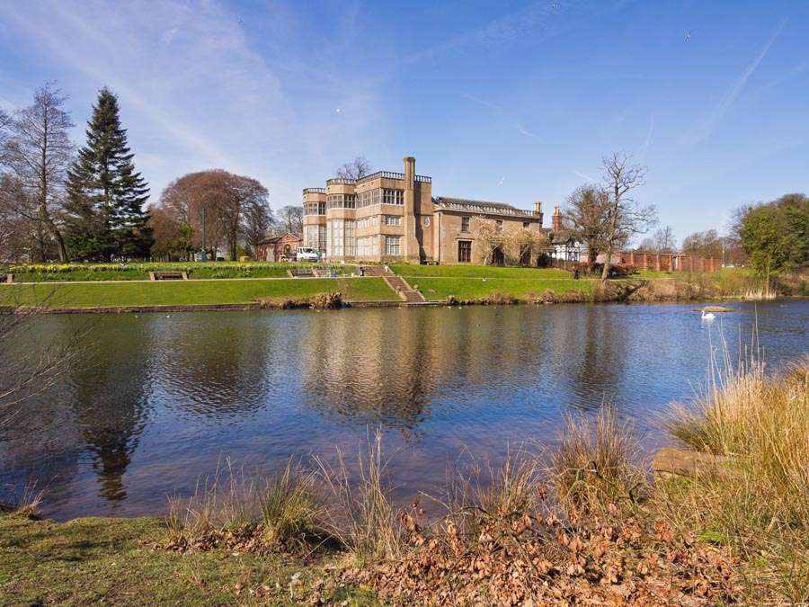 Astley Hall from accross the lake, Astley Park, Chorley, Lancashire, UK